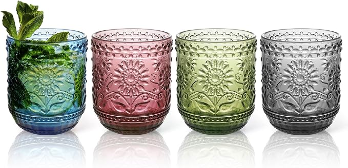 Topsky Vintage Drinking Glass Set of 4, 12 oz Embossed Floral Drinkware Set