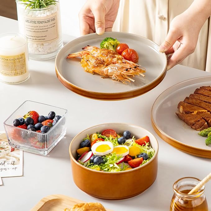 vancasso ONION Ceramic Plates and Bowls Sets, 18 Pieces Grey Dinnerware Sets