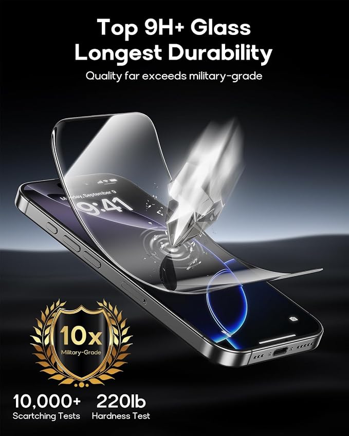 3 Pack for iPhone 15 Pro Max Tempered Glass Screen Protector:9H+ Durable