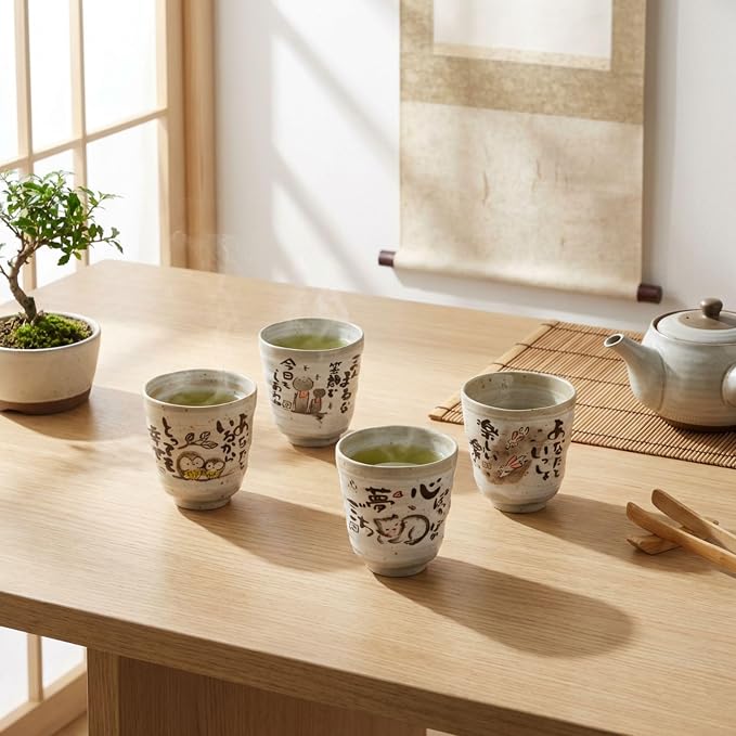 Japanese Tea Cups Handleless Coffee Mugs 6.4 oz Set of 4 | Mino Yaki ceramic