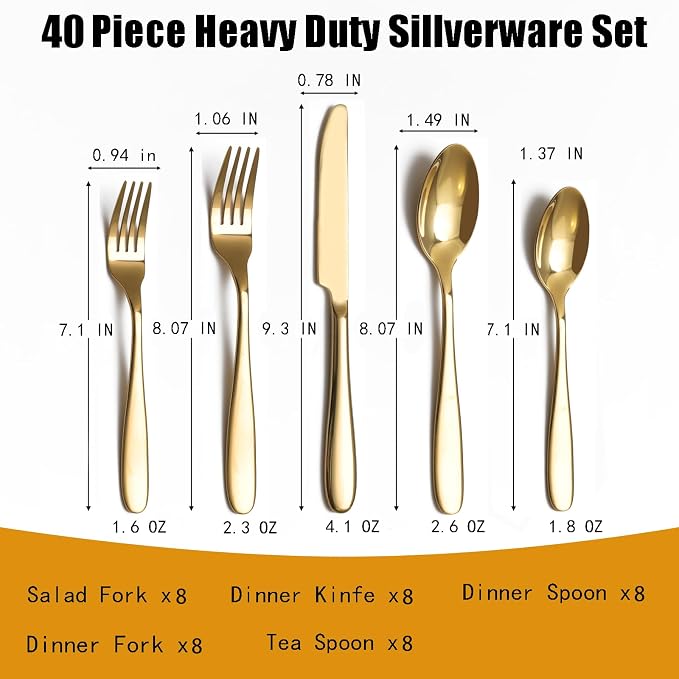 40-Piece Gold Silverware Set, Flatware Set