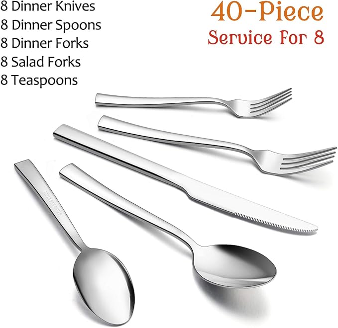 40-Piece Silverware Set, E-far Stainless Steel Flatware Set Service