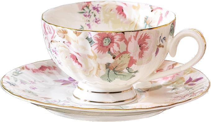 fanquare Pink Floral Tea Cup and Saucer Set