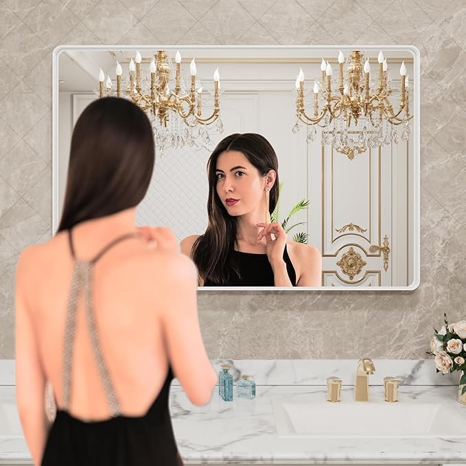 48x30 Inch White Metal Framed Bathroom Mirror