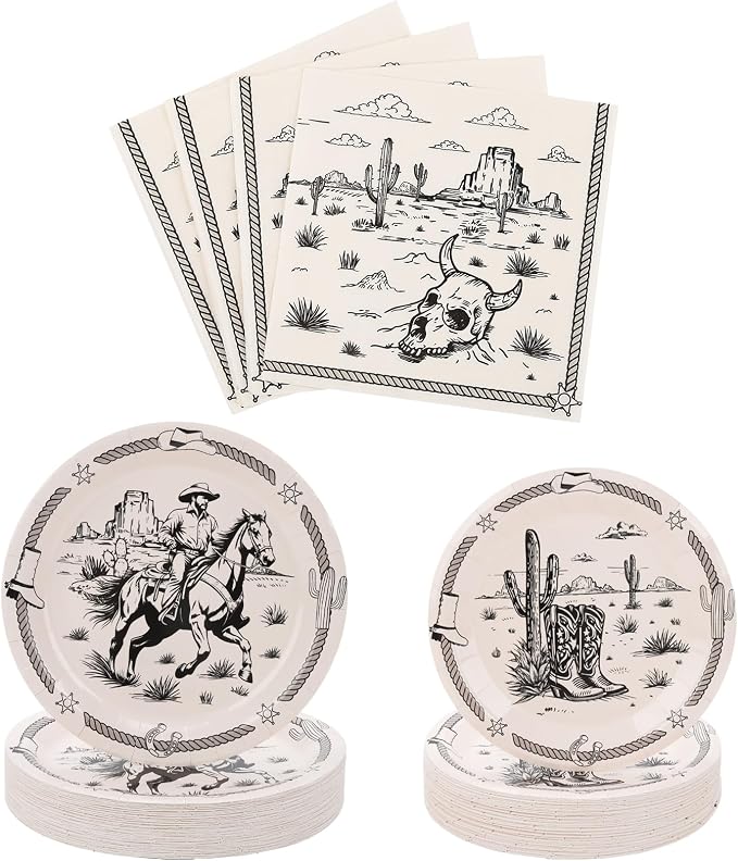 60PCS Cowboy Paper Plates and Napkins Party Supplies Serve 20 | Western Rodeo