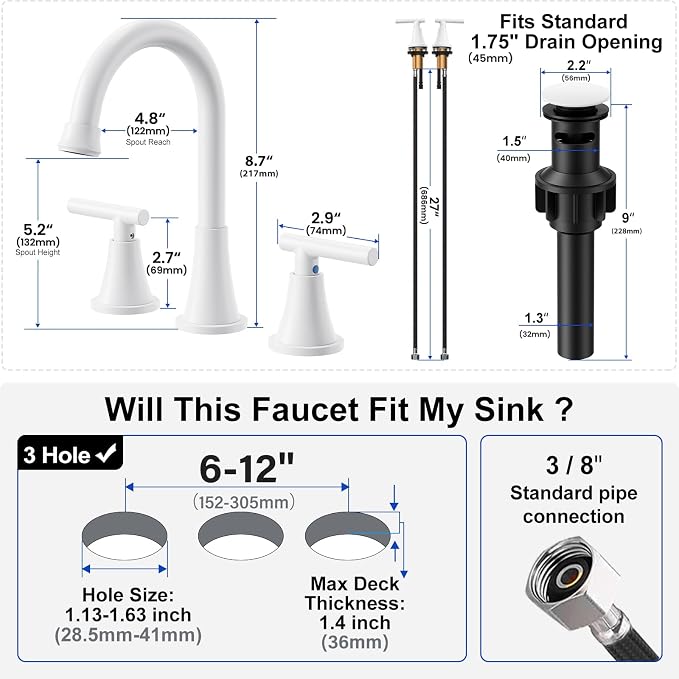 Bathroom Faucets for Sink 3 Hole, White Bathroom Sink Faucet