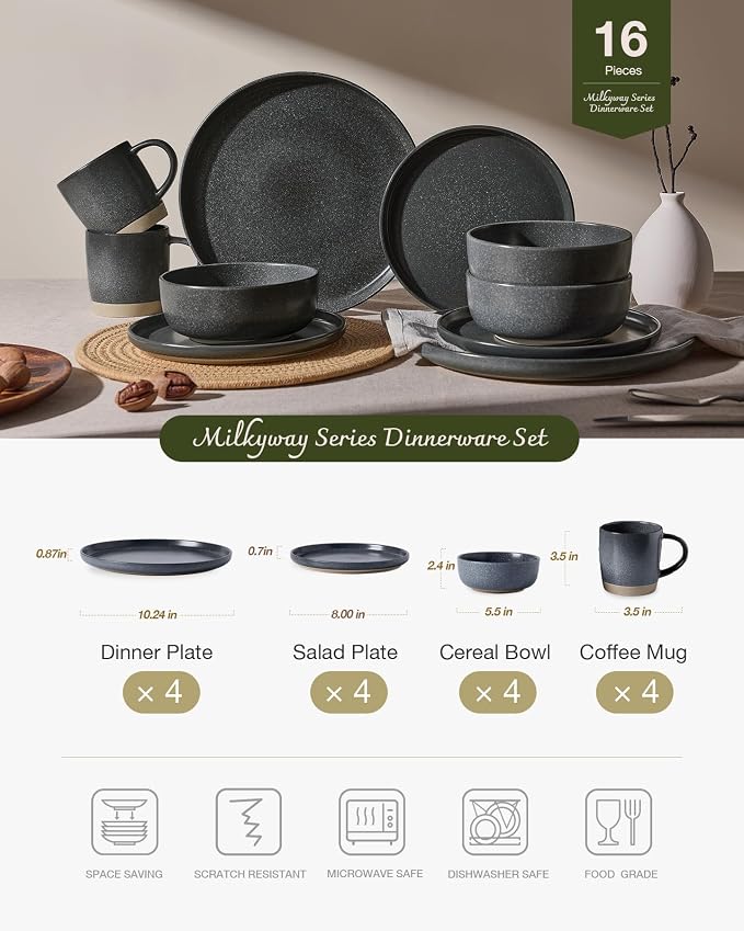 Famiware Milkyway 16-Piece Stoneware Plates and Bowls, Matte Dark Charcoal |