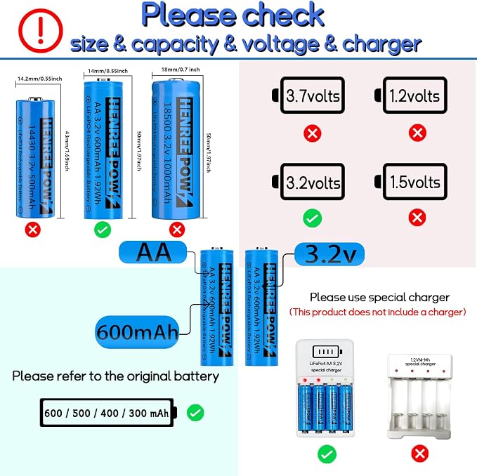 Henreepow AA 3.2v Solar Rechargeable Batteries, LiFePo4 Double A 600mAh 3.2v