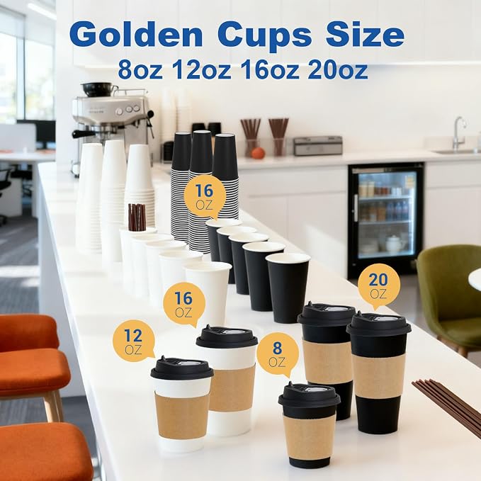 20 oz 50 Pack Coffee Cups with Lids and Sleeves, Hot Disposable To Go Travel