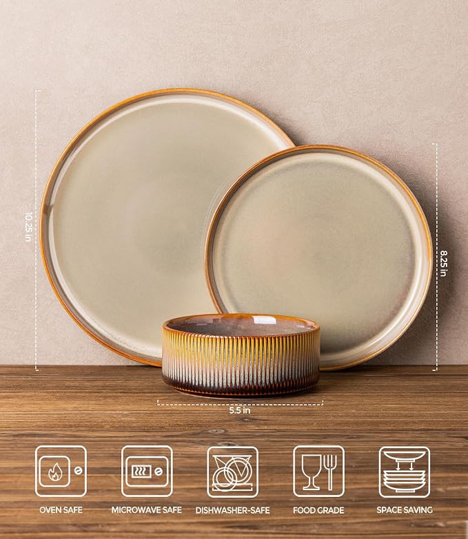 Ceramic Dinnerware Set for 8, 24-Piece Plates and Bowls Set | Lightweight