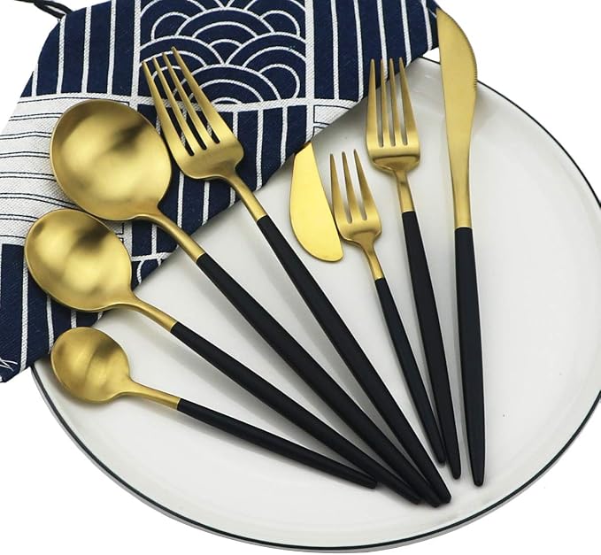 Black Gold Flatware, Royal 4 Piece Matte Black Handle 18/10 Stainless Steel Pie