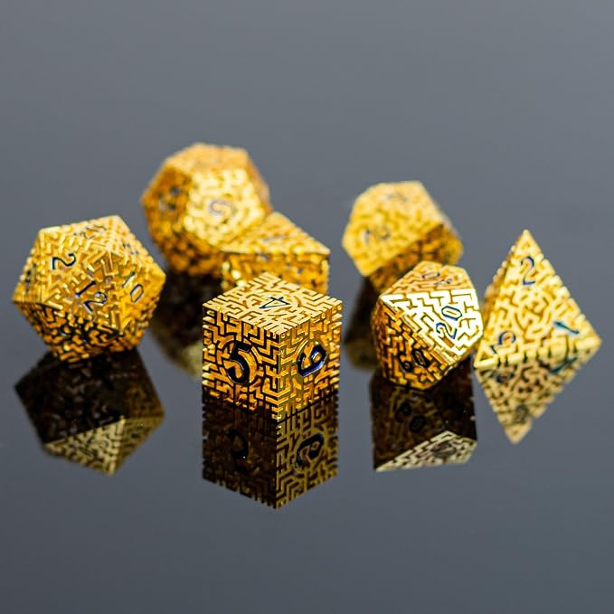 Golden Metal Hollow DND Dice Set Metallic Luster Maze Design