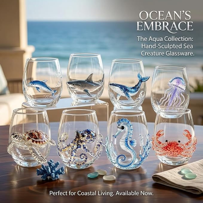 Artisanal Blue Ringed Octopus Glassware, 3D Ocean Glass Wine Glass，Jellyfish |