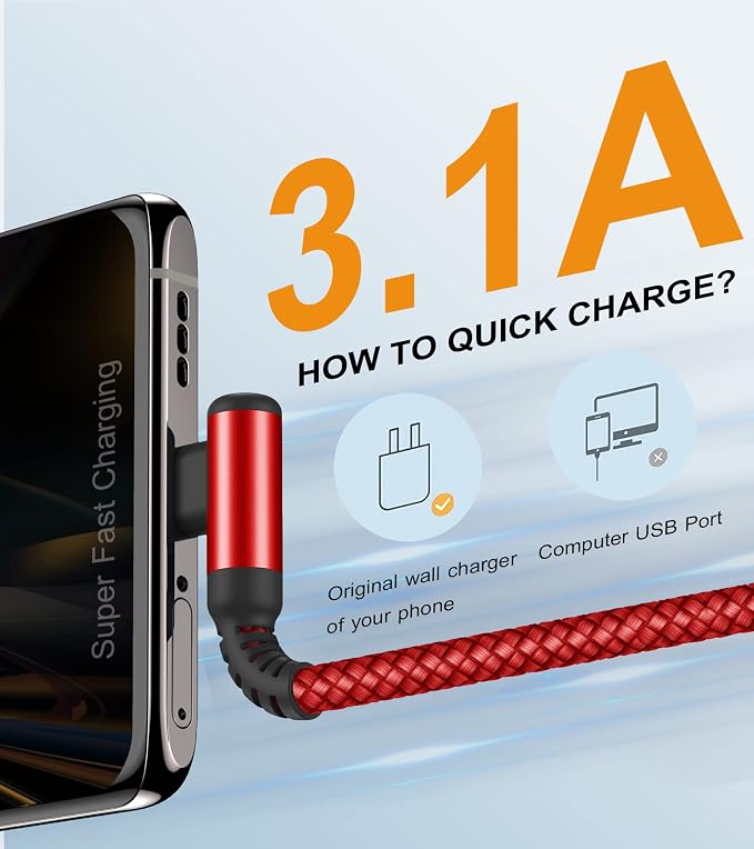 sweguard USB Type C Charger Cable Right Angle iPhone 16 Charger Nylon Braided