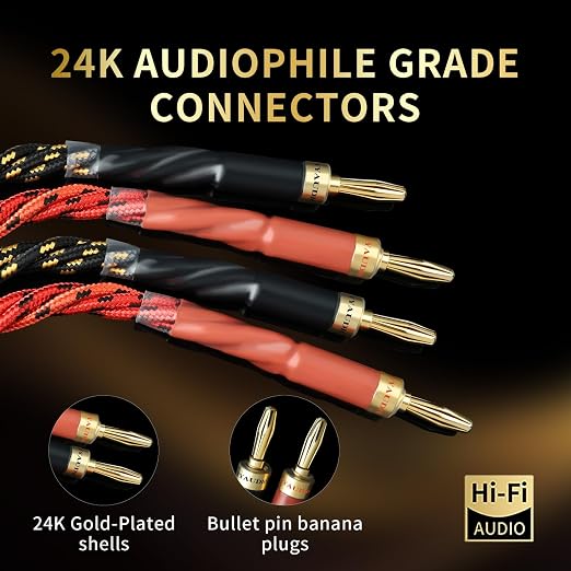 10 AWG Audiophile HiFi Speaker Audio Cable–4N OFC Core, 24K Gold-Plated Banana