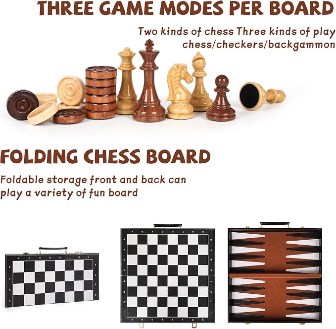 Chess Checkers Backgammon Set 3-in-1 Board Games Sets