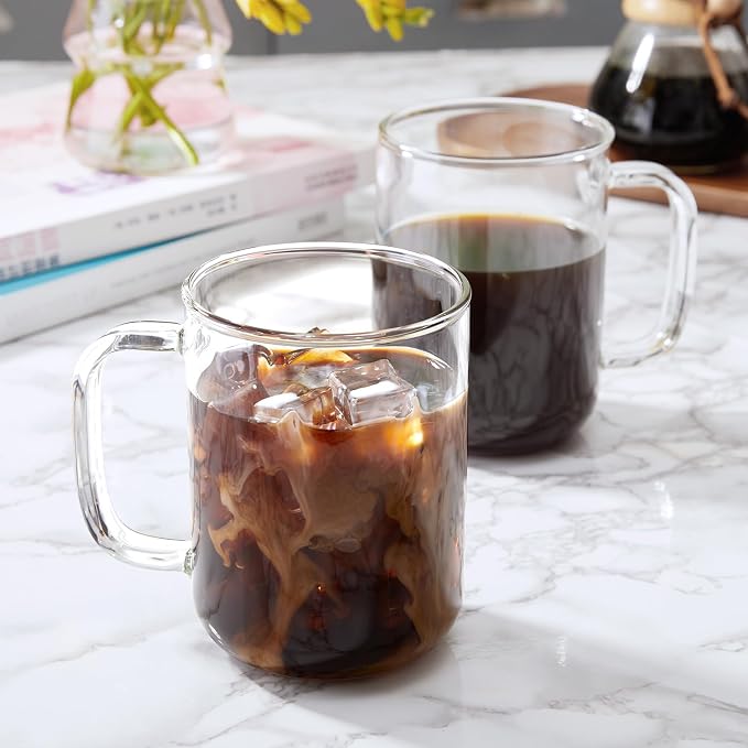 Glass Coffee Mugs, 24 oz Ice coffee cups, Large Clear Tea Cups Set of 4
