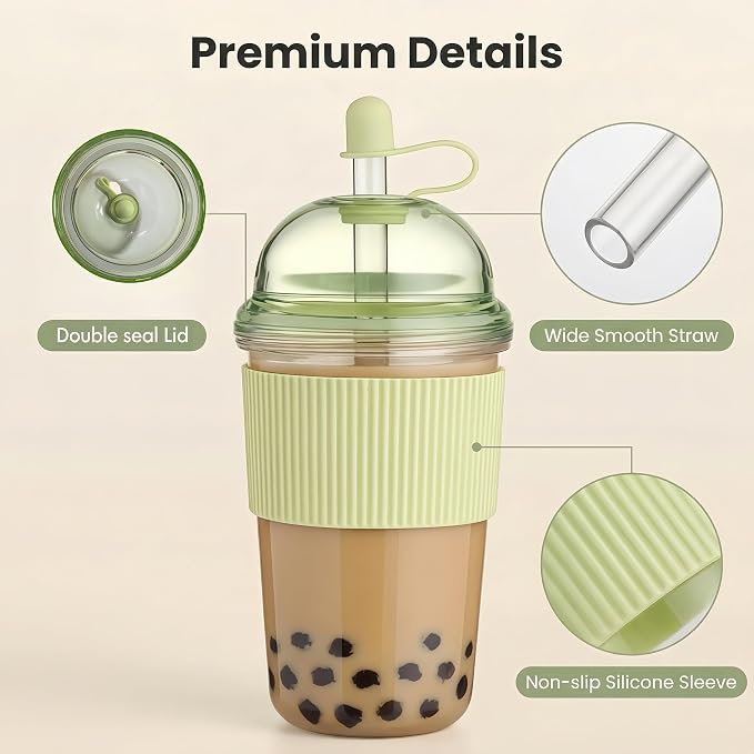 Reusable Ices Coffee Cups with Lids and Straws 17oz, Boba Cup with Straw