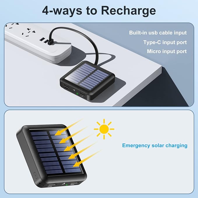 Solar Power Bank 12000mAh, Small Solar Charger Built in 4 Cables, USB C