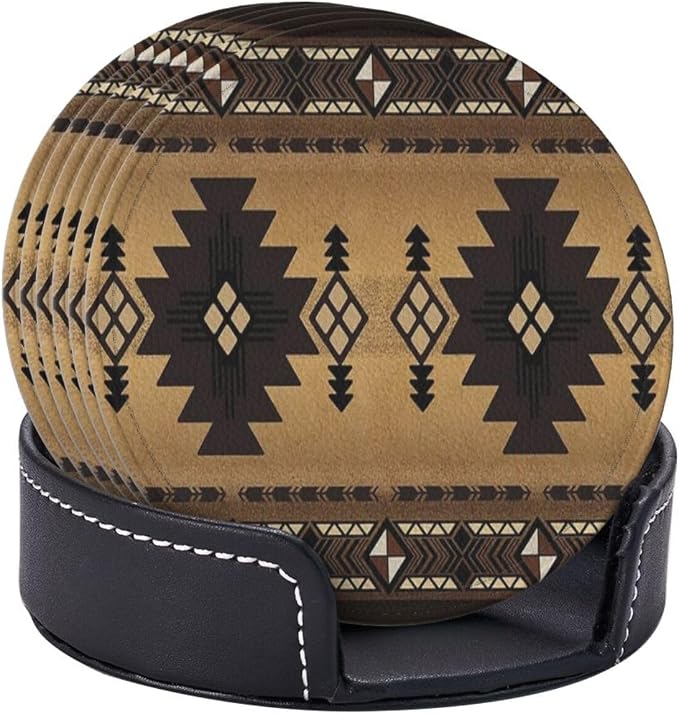 6 Pcs Brown Western Southwest Modern Geometric Abstract Art Leather Coasters
