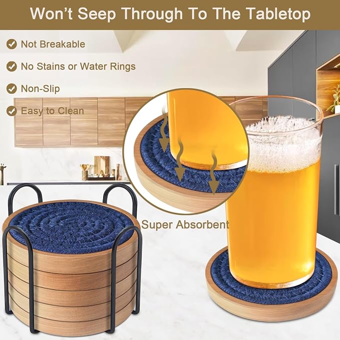 Eykao 6 Pack Coasters for Drinks Absorbent, Wooden Coasters for Coffee Tables