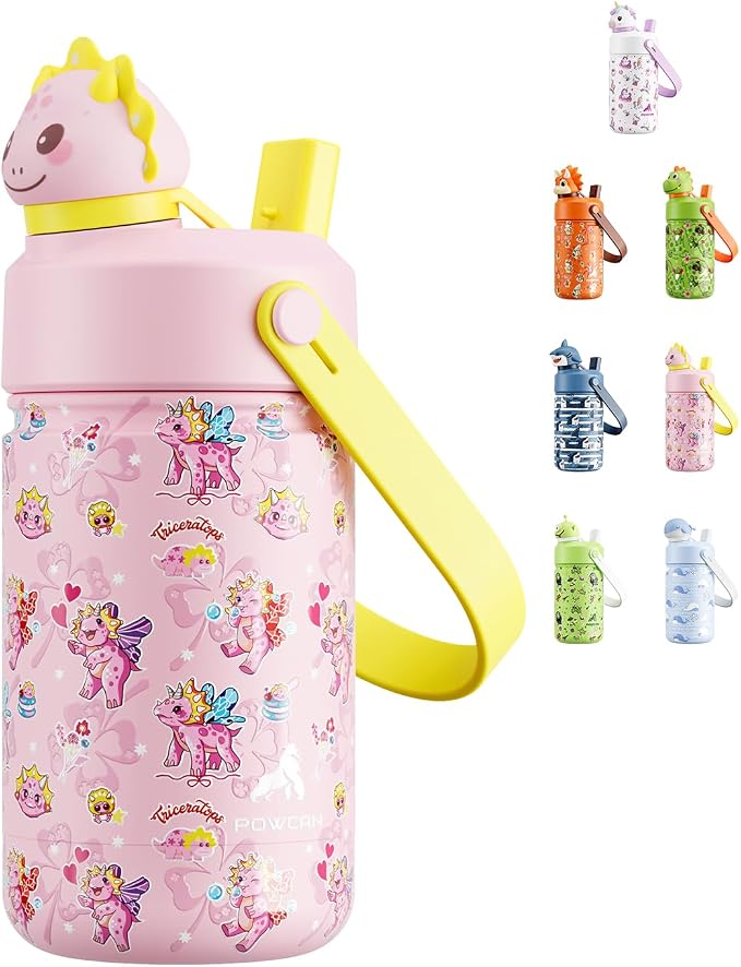 POWCAN 12 oz Kids Water Bottle: 2-in-1 Straw Spout Lid