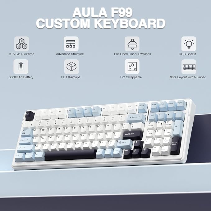 AULA F99 Wireless Mechanical Keyboard, Hot Swappable Custom Keyboard, Pre-lubed