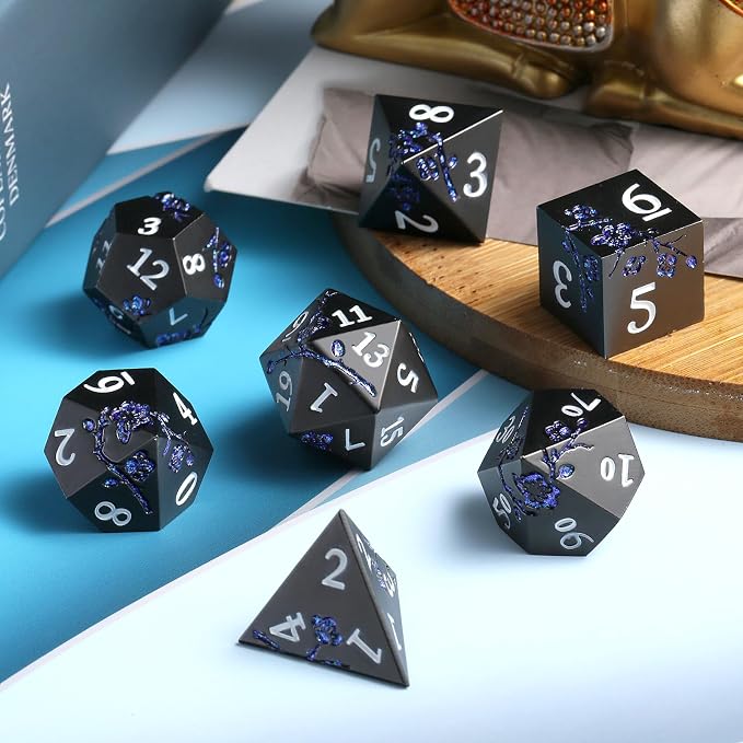 Glitter Blue D&D Metal Dice, DNDND 7 PCS Flower Metallic DND Dice Set