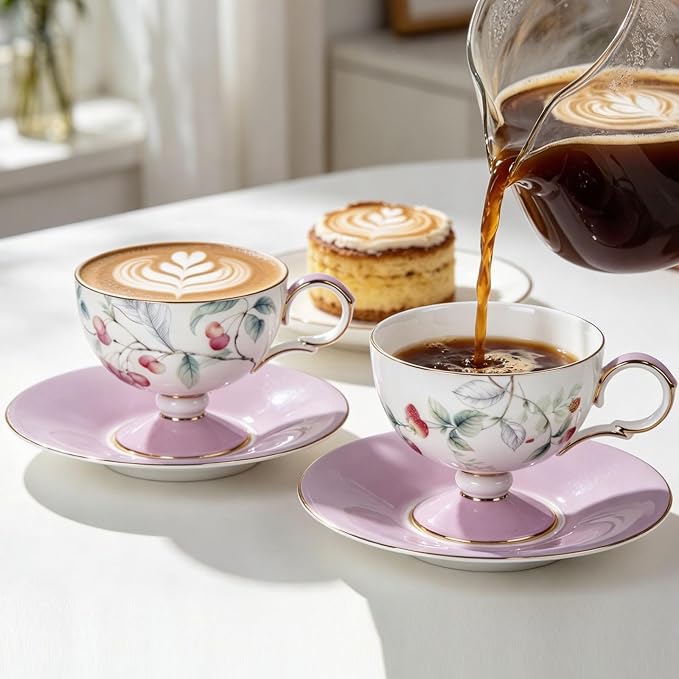 KAMMAK Tea Cups Set of 2, Ceramic Floral Pattern Demitasse Cup | Porcelain