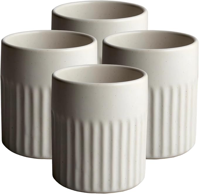 Goodies White Ribbed Water Cups, Handmade Ceramic, Dishwasher Safe, Microwave