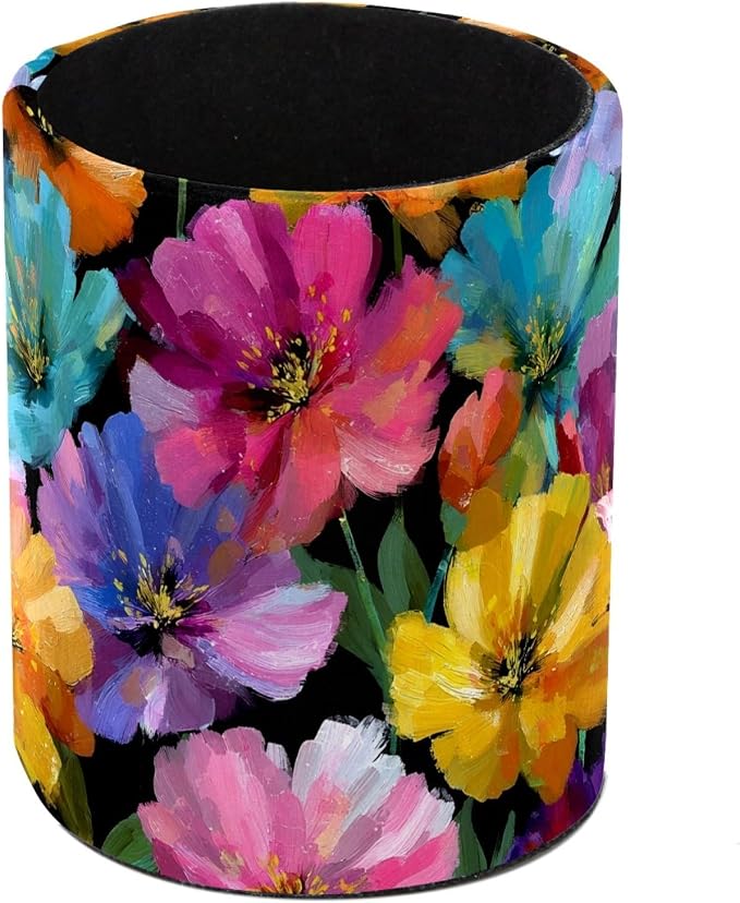 Leather Pen Holder for Desk, Oil Painting Flower Pencil Cup Pen Organizer