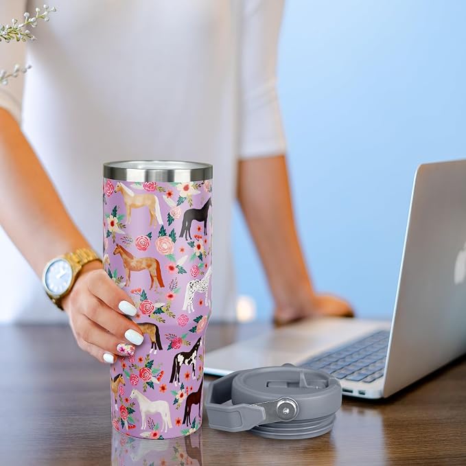 30 oz Horse Tumbler with Handle and Flip Straw, Vacuum Insulated Water Bottle