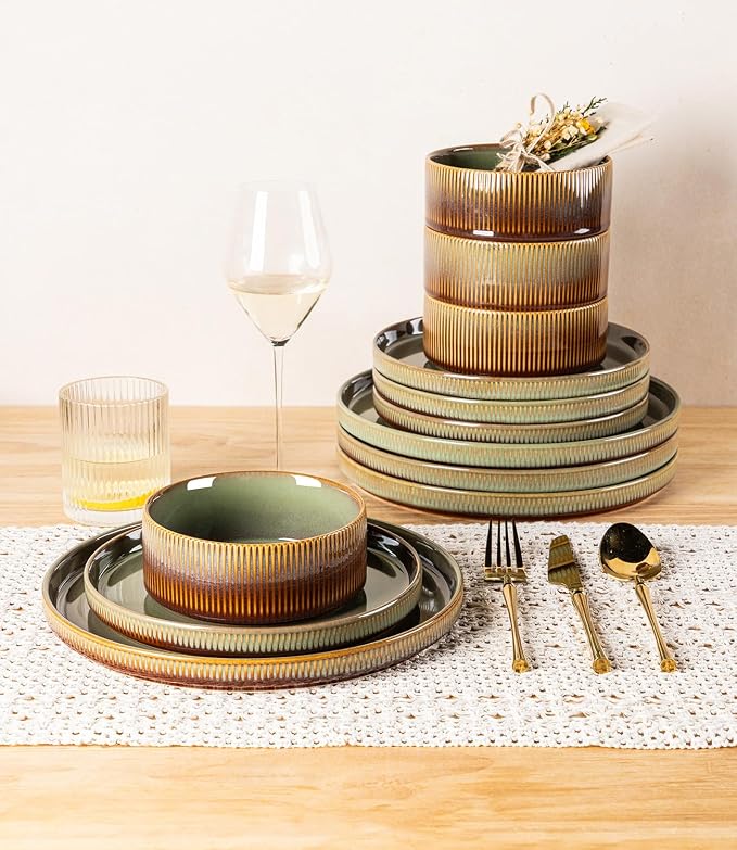 Ceramic Dinnerware Set for 4, 12-Piece Plates and Bowls Set | Lightweight