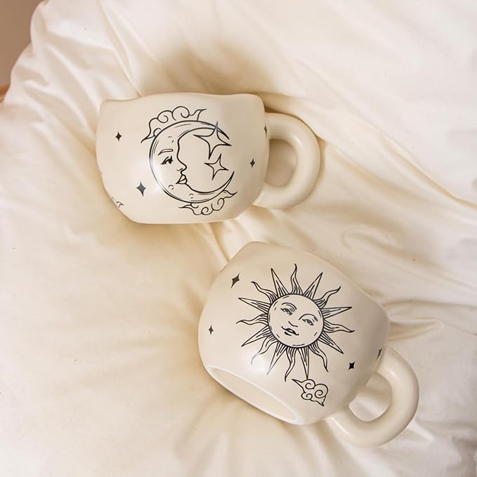 4pcs Boho Style Ceramic Moon and Sun Mugs, 9.4OZ Cute Coffee Cup Set, Matte