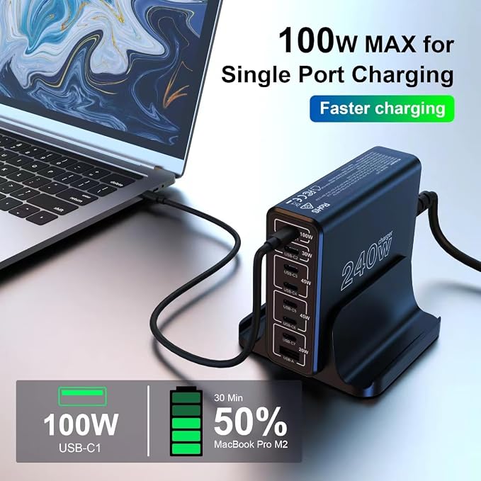 URVNS 240W USB C Charger, 8-Ports Compact GaN PD 100W PPS 45W QC20W Multiport