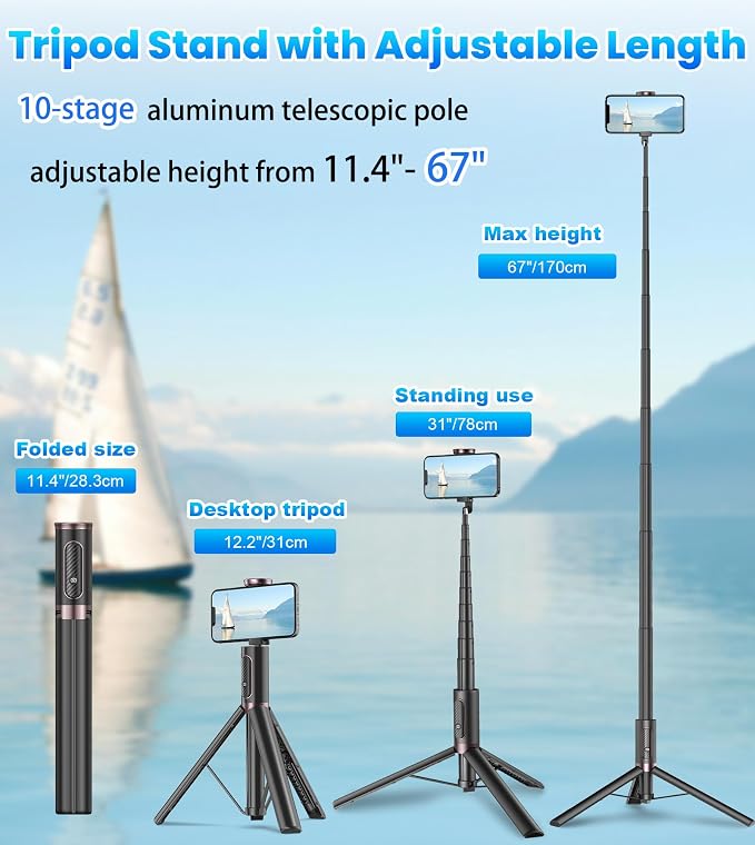 TONEOF 67" Cell Phone Selfie Stick Tripod, Smartphone Stand All-in-1