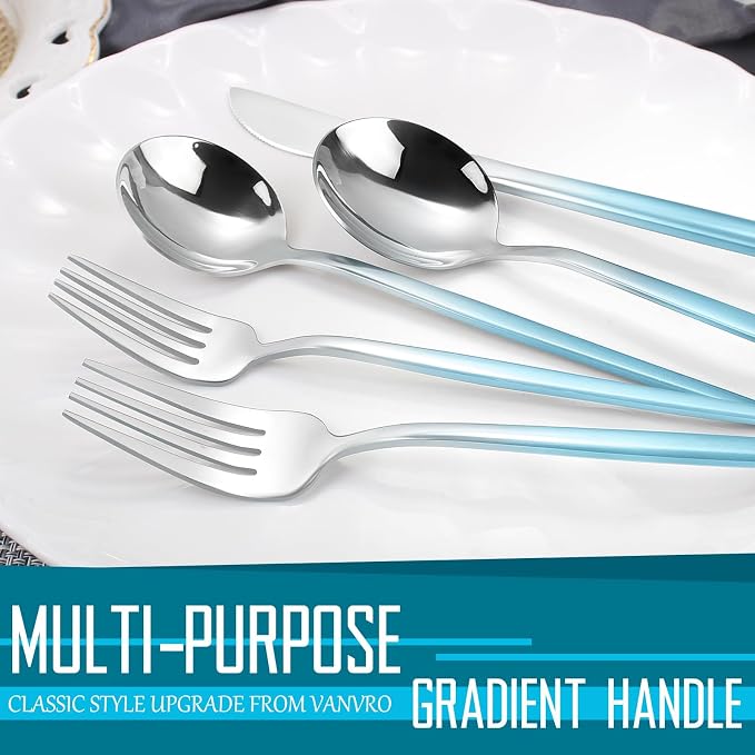 VANVRO Gradient Blue Silverware Set, 20 Piece Stainless Steel Flatware Set