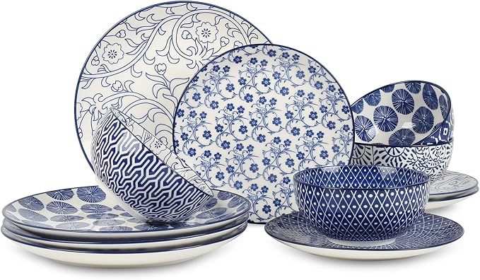 Selamica Ceramic Dinnerware Sets, Vintage Blue | Scratch Resistant Dishes set
