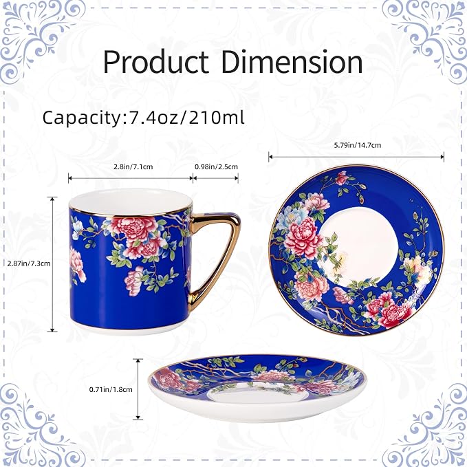 KAMMAK Tea Cup and Saucer, Ceramic Coffee Cups, 7.4 oz, Afternoon Tea and