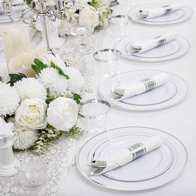 WELLIFE 210 Piece Silver Plastic Dinnerware Set
