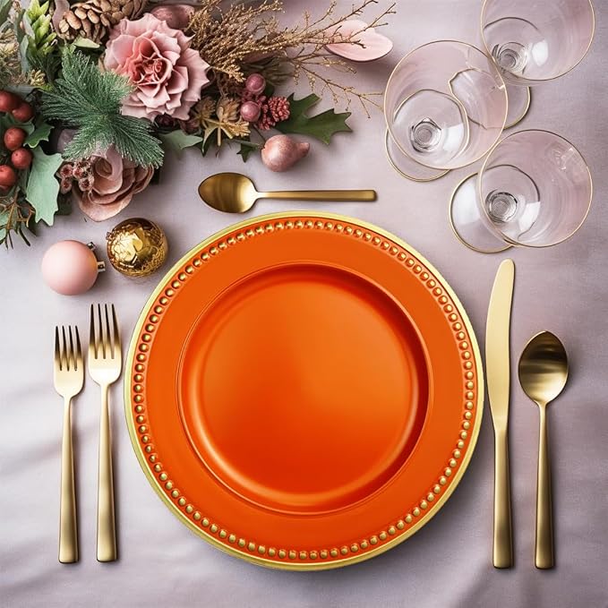 Orange Beaded Charger Plates, 13 Inch Plastic Round Chargers