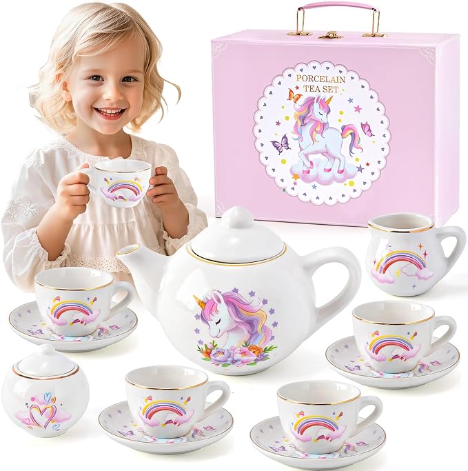 TUZT Porcelain Tea Party Set for Little Girls Kids Toddlers, Pretend Play Toys