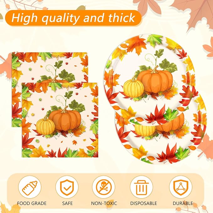 41Pcs Thanksgiving Party Decorations, Fall Paper Plates Napkins Tablecloth