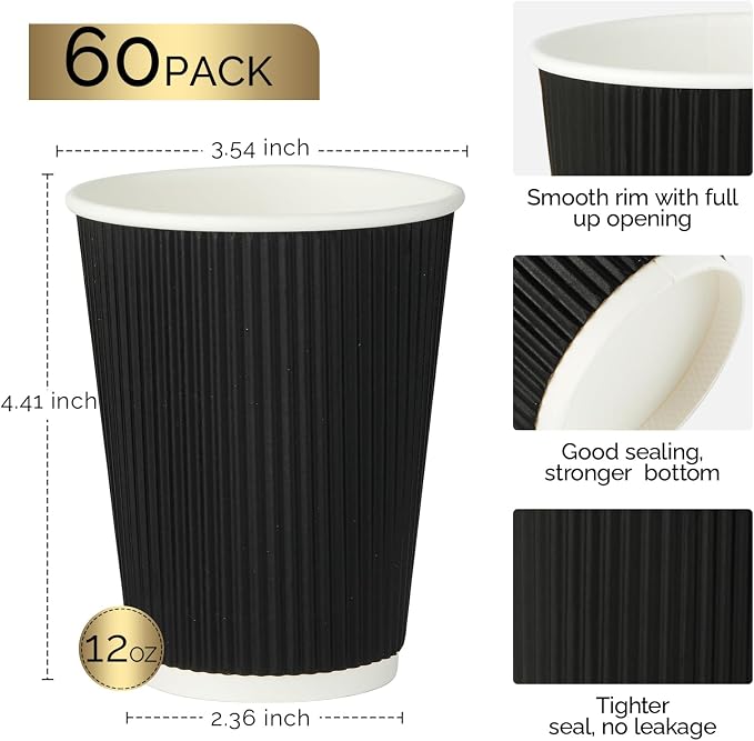 JollyPack Disposable Paper Coffee Cups, 12 oz, 60 Pack, Insulated Ripple Wall