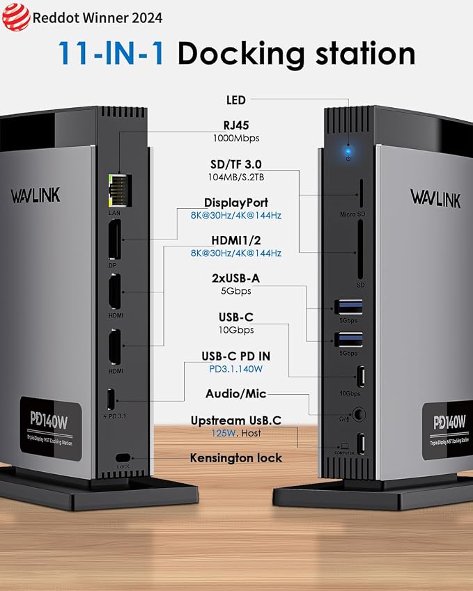 WAVLINK Laptop Docking Station 3 Monitors, 11-in-1 USB C Docking Station