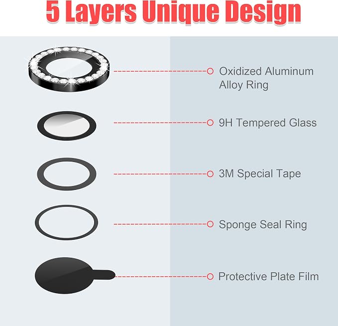 AGVEE 3+3 6 Pack for iPhone 15/15 Plus, Bling Diamond & Glitter Metal Ring 9H
