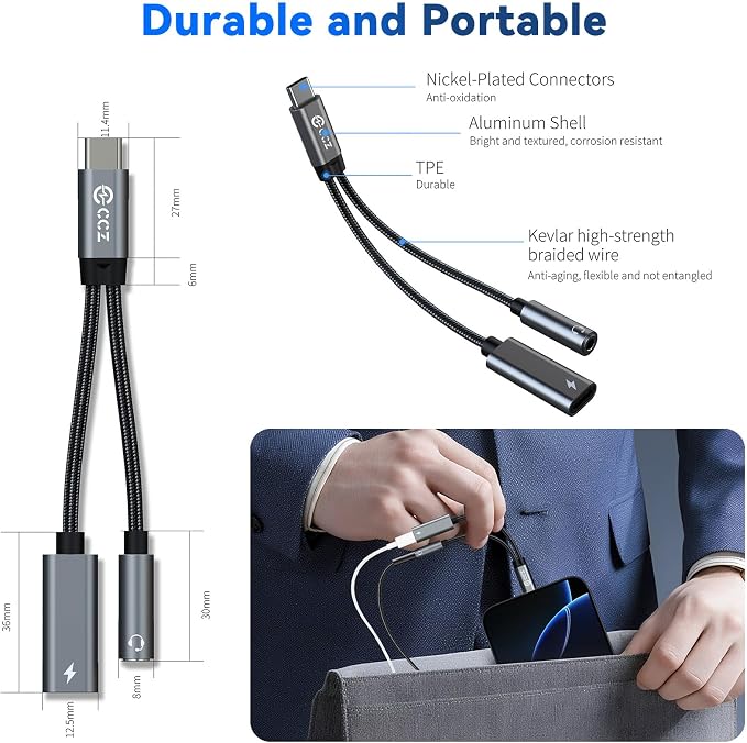 USB C Splitter for KZ ZS10 PRO, CCZ CA01 USB C to 3.5mm Audio Headphone and