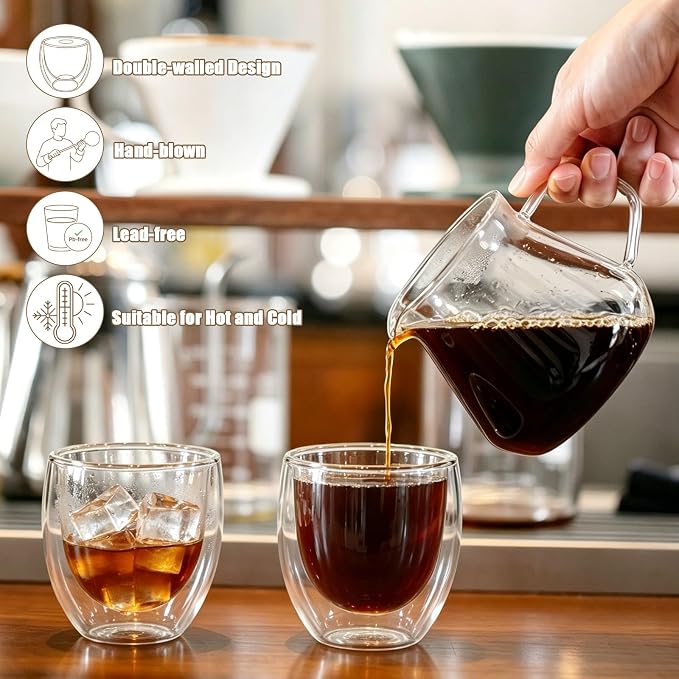Retainbre Double Wall Glass Espresso Cups Set of 4, 5oz Espresso Shot Glass |