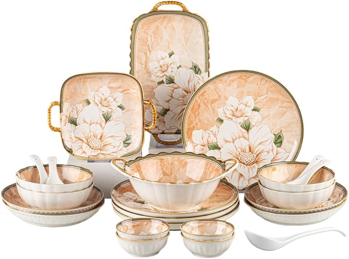 Ceramic Dinnerware Set, Floral Plates and Bowls Sets, Microwave & Dishwasher
