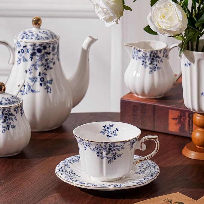 Ceramic Floral Cups with Saucers，7 oz Espresso Cups